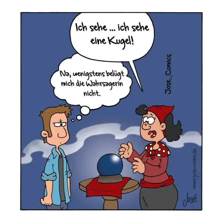Zwei Menschen vor einer Glaskugel auf Ständer: Wahrsagerin in rotem Kleid mit Mütze, Mann in blauem Hemd schaut skeptisch