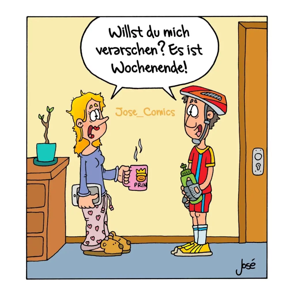 Frau steht kopfüber auf dem Kopf, hält eine Kaffeetasse und spricht zu einem Paketboten in der Türe