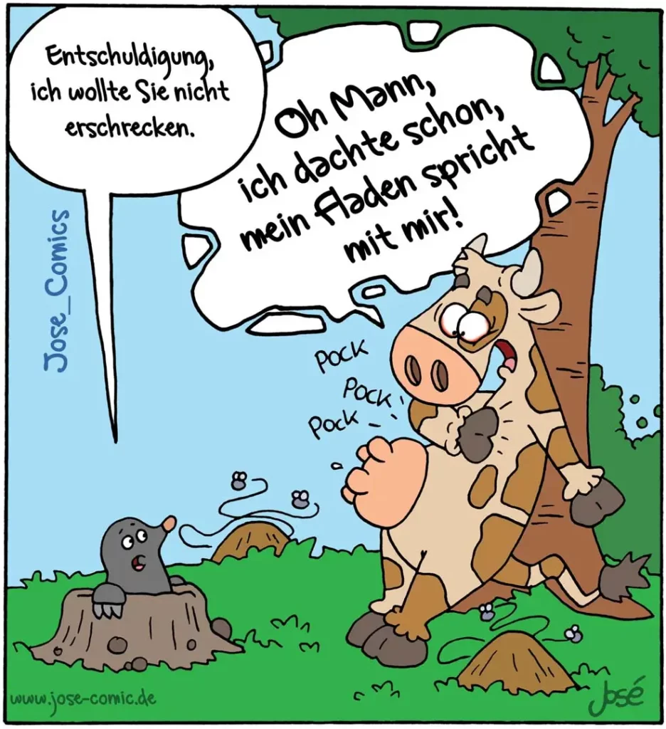 Hund klettert auf Baum und entschuldigt sich bei erschrockener Eichhörnchen-Familie oben im Geäst