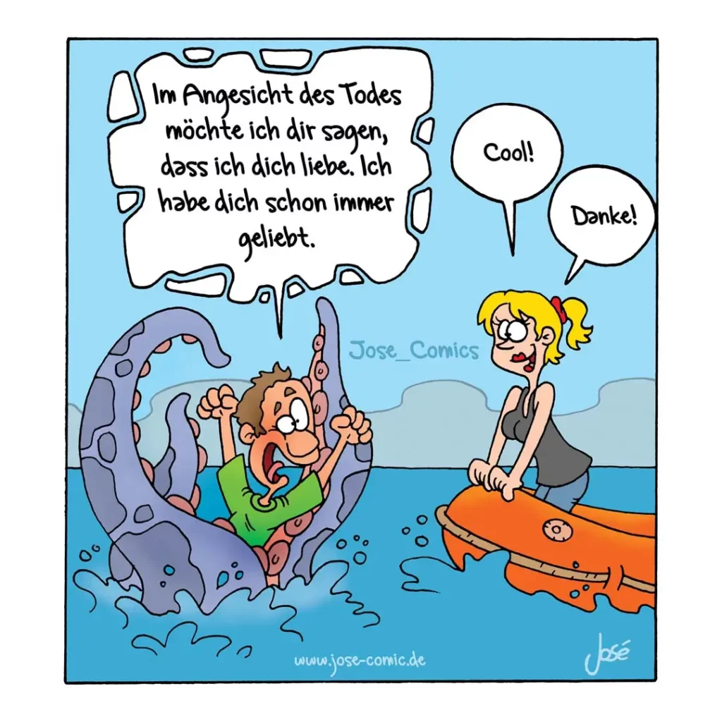 Mann wird von Krake im Wasser umschlungen, spricht Liebesgeständnis, Frau auf Boot antwortet kurz