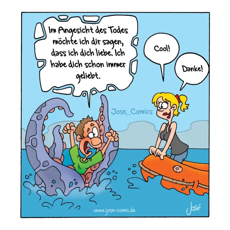 Mann wird von Krake im Wasser umschlungen, spricht Liebesgeständnis, Frau auf Boot antwortet kurz