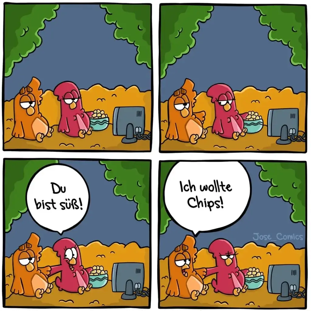 Orangefarbener Hund sitzt neben rotem Vogel am Strand. Vogel sagt «Du bist süss!», dann «Ich wollte Chips!» und pickt nach dem Hundefutter