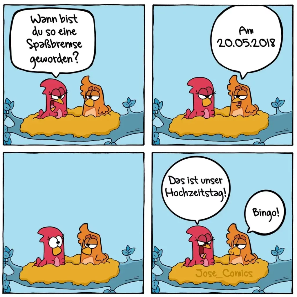 Zwei bunte Vögel sitzen auf einer Wolke im Wasser. Linker Vogel fragt rechten: «Wann bist du so eine Spassbremse geworden?» Rechter Vogel antwortet mit Datum. Im letzten Panel verkündet linker Vogel «Das ist unser Hochzeitstag!» und rechter Vogel antwortet «Bingo!»