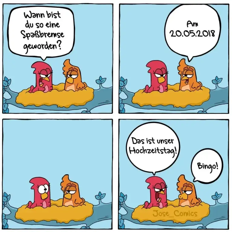 Zwei bunte Vögel sitzen auf einer Wolke im Wasser. Linker Vogel fragt rechten: «Wann bist du so eine Spassbremse geworden?» Rechter Vogel antwortet mit Datum. Im letzten Panel verkündet linker Vogel «Das ist unser Hochzeitstag!» und rechter Vogel antwortet «Bingo!»