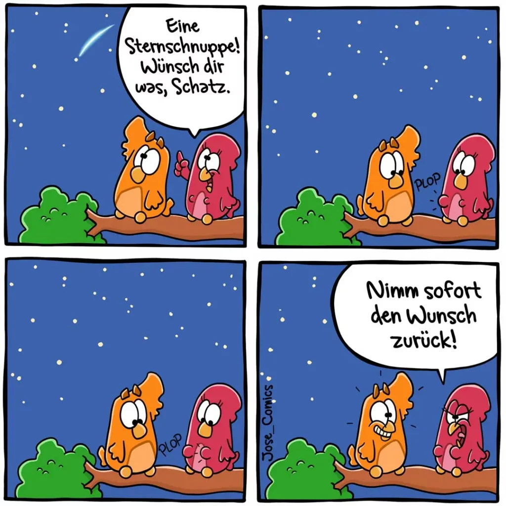 Zwei bunte Vogelcharaktere nachts unter Sternen: der orange Vogel macht einen Wunsch bei einer Sternschnuppe, der rote Vogel schaut zu, dann fällt der orange Vogel um.