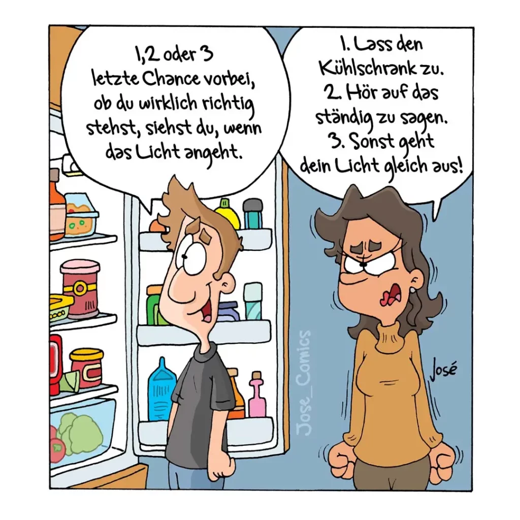 Person vor offnem Kühlschrank erklärt einem Hund drei Regeln für Kühlschrank-Zugang, Hund schaut skeptisch