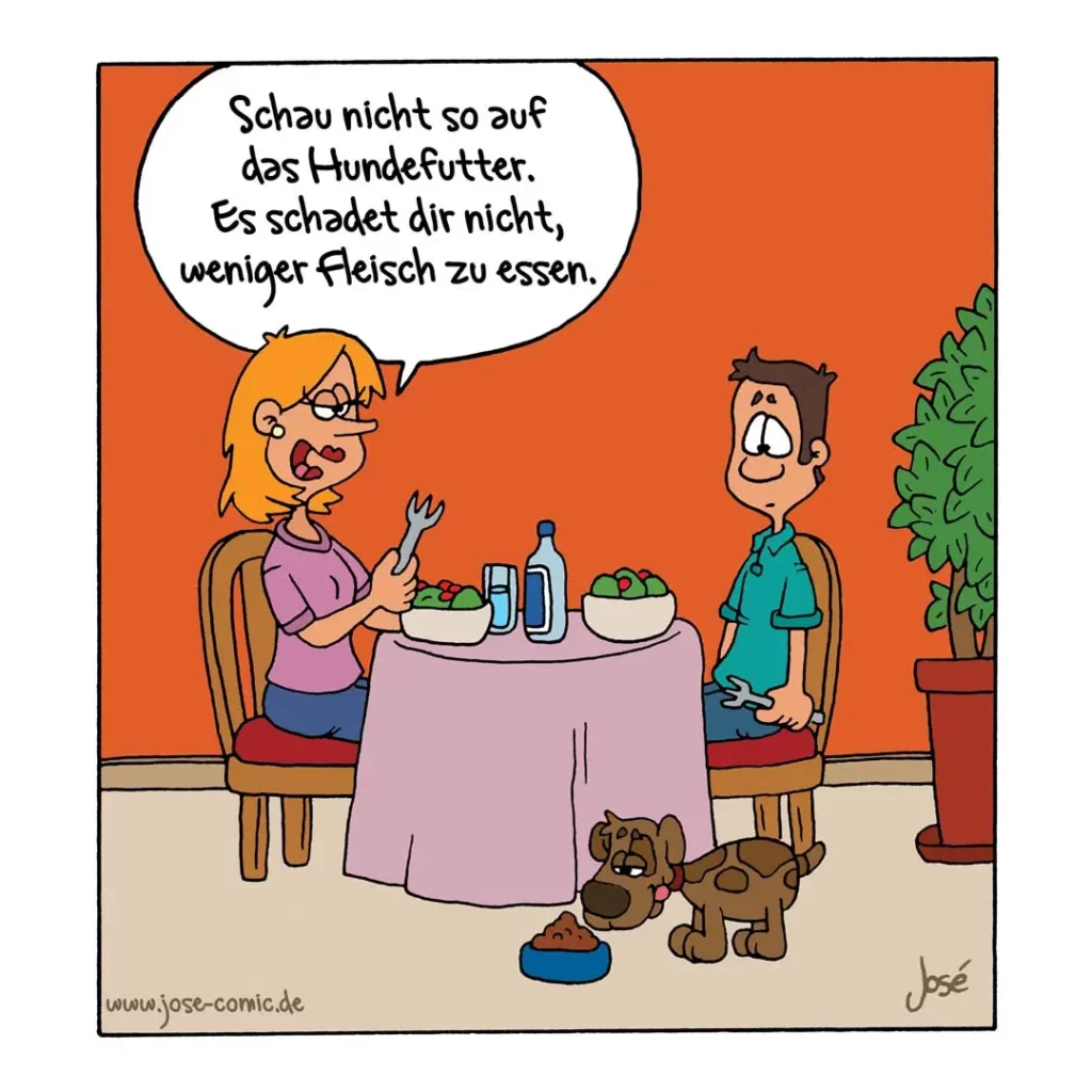 Frau sitzt am Tisch mit Salat und warnt ihren Mann, während ein Hund unter dem Tisch sitzt und eine Schüssel mit Hundefutter anschaut