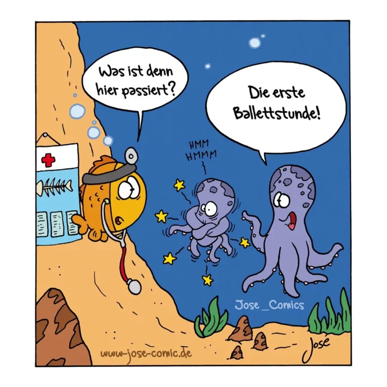 Gelber Fisch mit Arzt-Mütze sitzt in Unterwasser-Arztpraxis, zwei lila Oktopusse tanzen vor ihm und singen