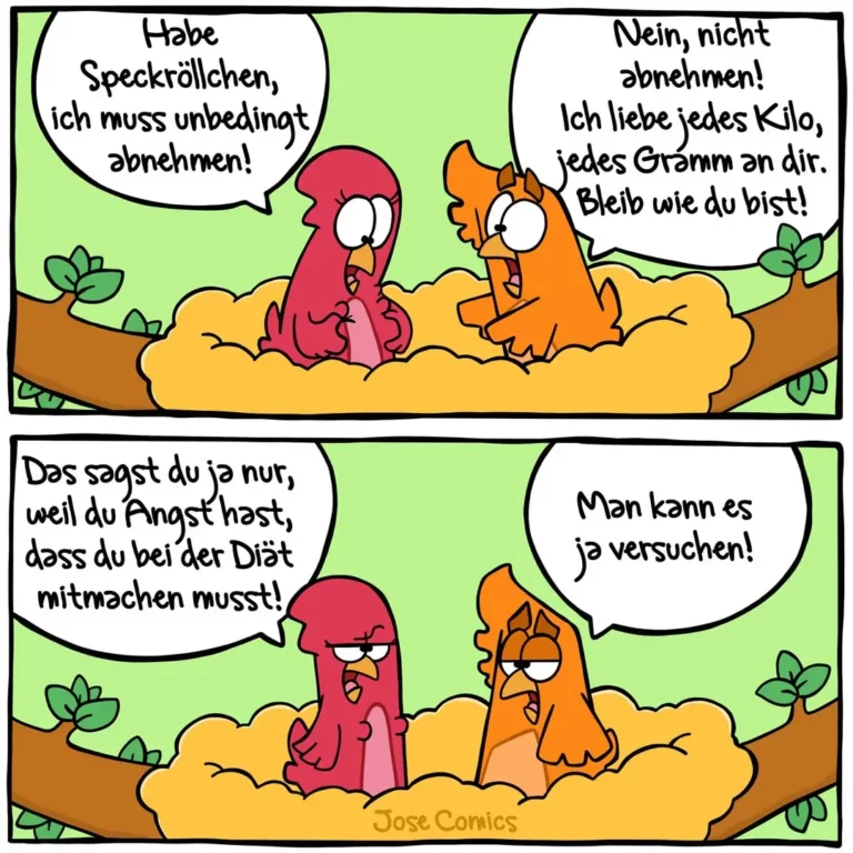 Zwei bunte Wurstfiguren im Sand: die rote möchte abnehmen, die orange ermutigt sie, es zu versuchen