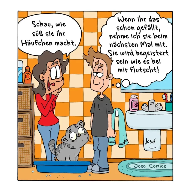 Hund sitzt in blauem Napf im Badezimmer, zwei Personen unterhalten sich über das Häufchen des Hundes