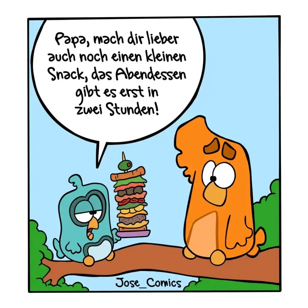 Blauer Vogel hält mehrstöckiges Sandwich zu orangefarbenem Hund, der bittend schaut