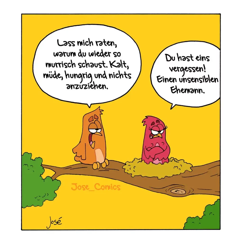 Zwei monster-ähnliche Figuren auf einem Pfad, orange Figur beschwert sich, rosa Figur antwortet trocken