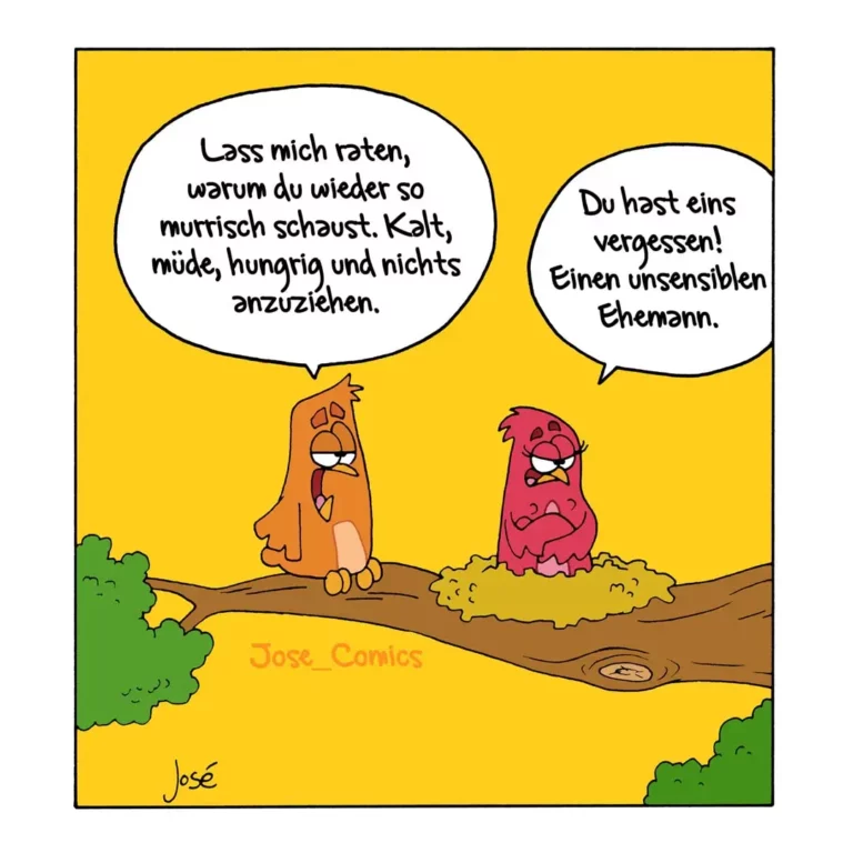 Zwei monster-ähnliche Figuren auf einem Pfad, orange Figur beschwert sich, rosa Figur antwortet trocken