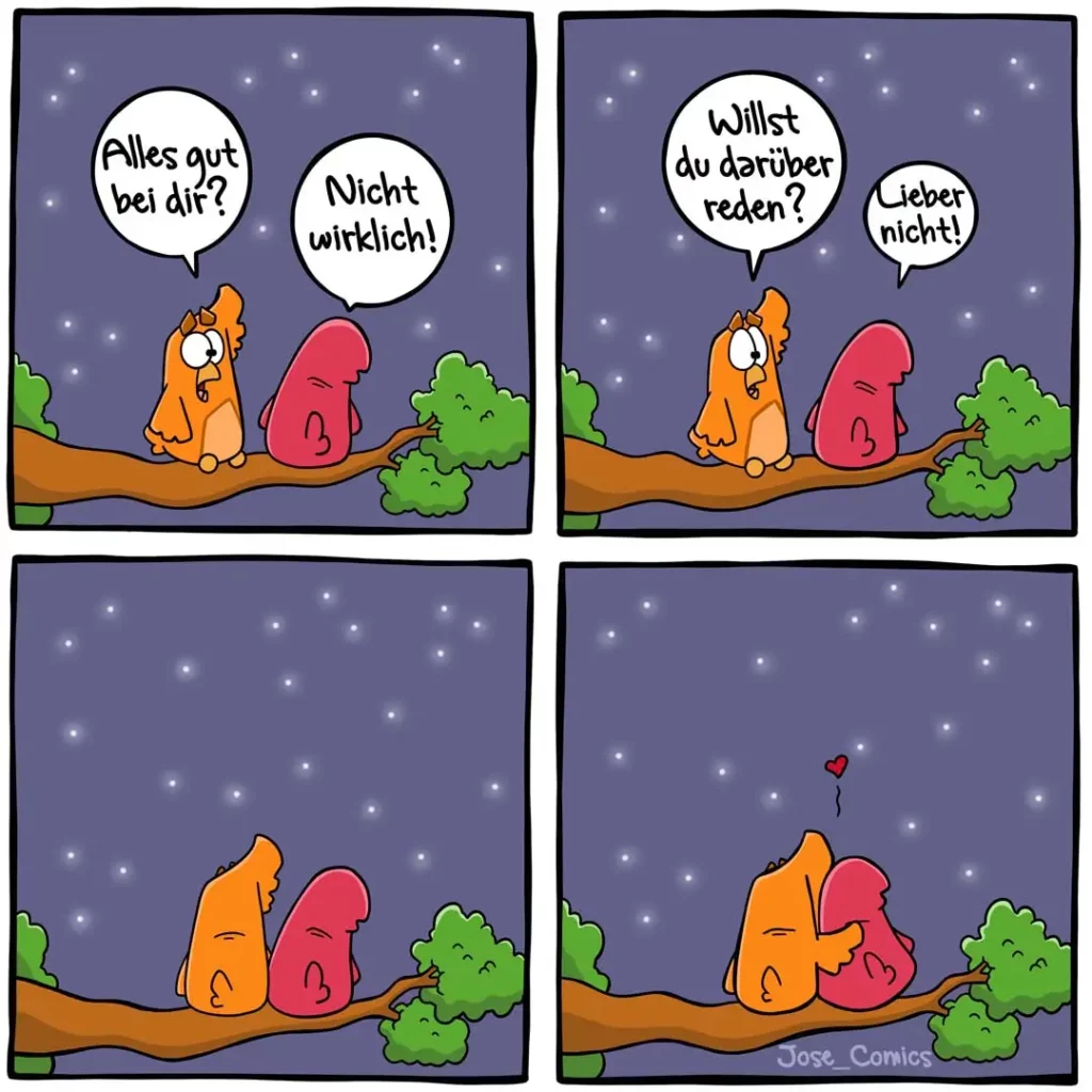 Zwei anthropomorphe Vögel sitzen auf einem Ast unter Sternen. Links fragt der orange Vogel «Alles gut bei dir?», rechts antwortet der rote Vogel «Nicht wirklich!». In Panel 3 fragt der orange Vogel «Willst du darüber reden?», der rote antwortet «Lieber nicht!». Im finalen Panel umarmen sich beide, ein rotes Herz schwebt über ihnen.