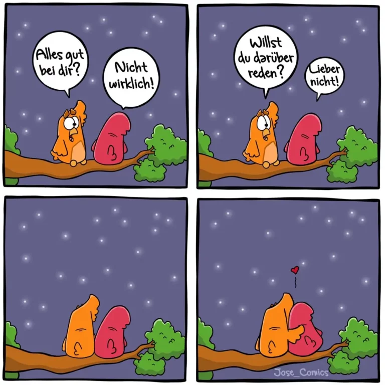 Zwei anthropomorphe Vögel sitzen auf einem Ast unter Sternen. Links fragt der orange Vogel «Alles gut bei dir?», rechts antwortet der rote Vogel «Nicht wirklich!». In Panel 3 fragt der orange Vogel «Willst du darüber reden?», der rote antwortet «Lieber nicht!». Im finalen Panel umarmen sich beide, ein rotes Herz schwebt über ihnen.