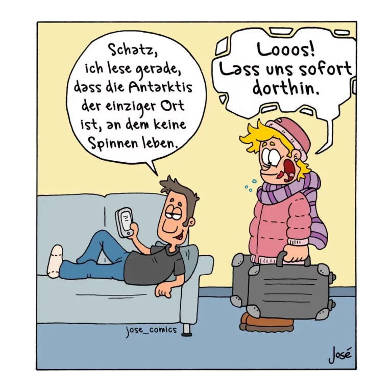 Mann sitzt entspannt auf Sofa mit Handy, Frau in Winterkleidung springt erregt auf und ruft 'Los, lass uns sofort dorthin'