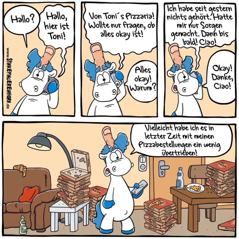 Weisser Hund mit blauen Flecken telefoniert mit Toni von der Pizzeria, sein Wohnzimmer ist vollgestellt mit Pizzakartons