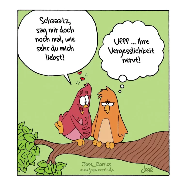 Zwei Vögel auf einem Ast: roter Vogel sagt liebevoll zum orangefarbenen Vogel, dieser antwortet trocken und genervt