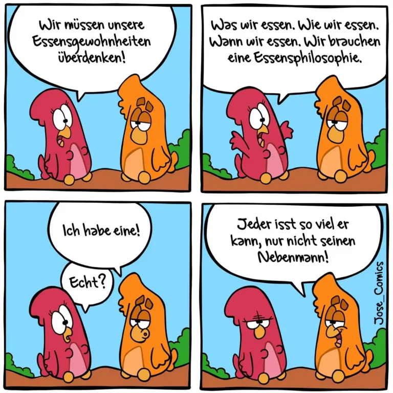 Zwei bunte Vögel im Dialog: Der rote Vogel predigt über Essensgewohnheiten, der orange Vogel antwortet mit einer Essensphilosophie, am Ende futtert der rote Vogel einfach alles auf.