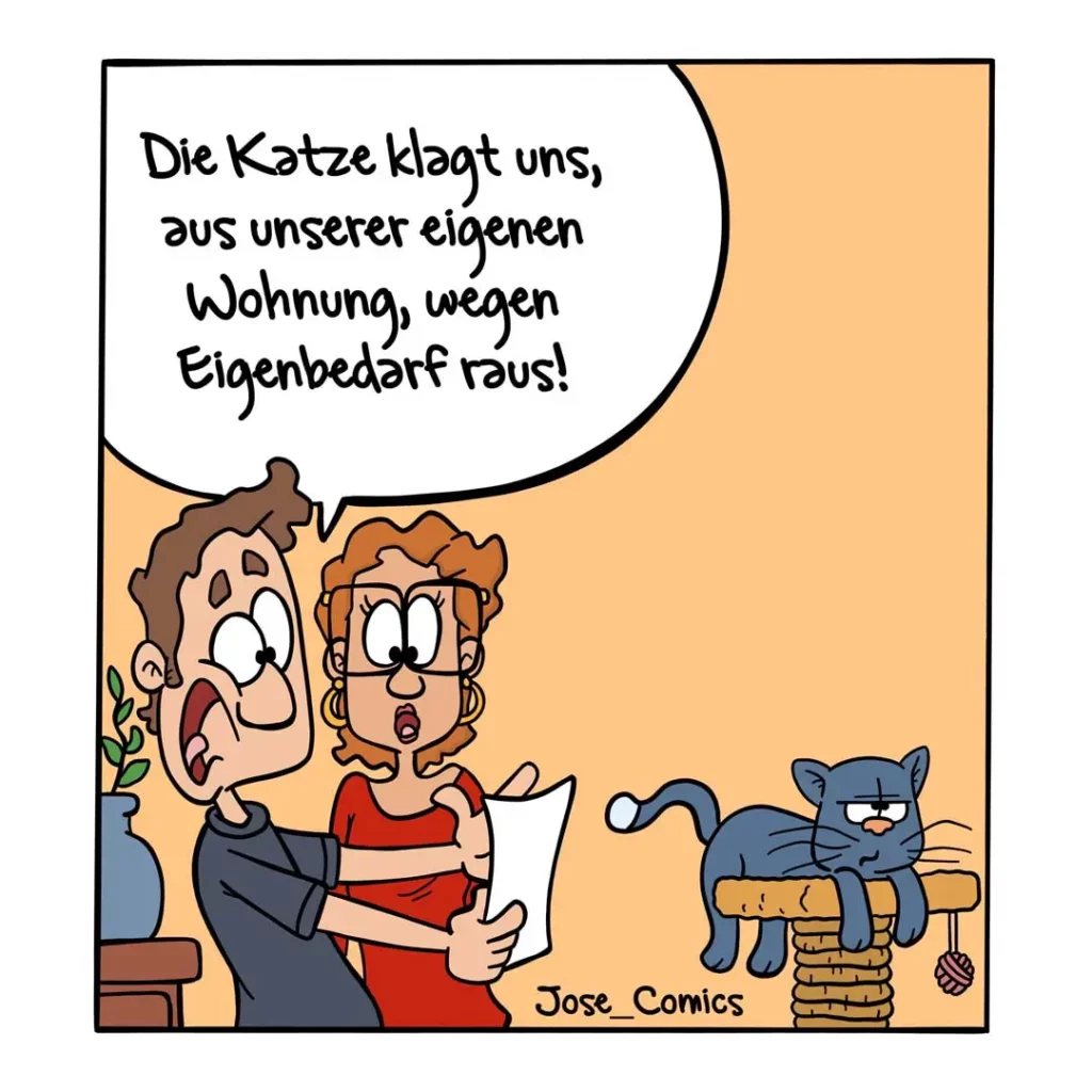 Zwei besorgte Menschen halten ein Schriftstück, während eine Katze auf einem Holzstapel sitzt und herablassend schaut