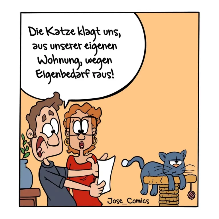 Zwei besorgte Menschen halten ein Schriftstück, während eine Katze auf einem Holzstapel sitzt und herablassend schaut