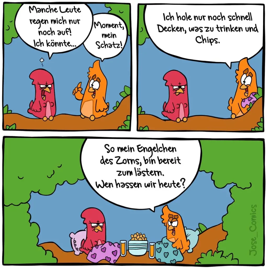 Zwei bunte Vögel sitzen sich gegenüber. Im dritten Panel sitzen sie zusammen mit Decke, Getränken und Chips auf der Erde.