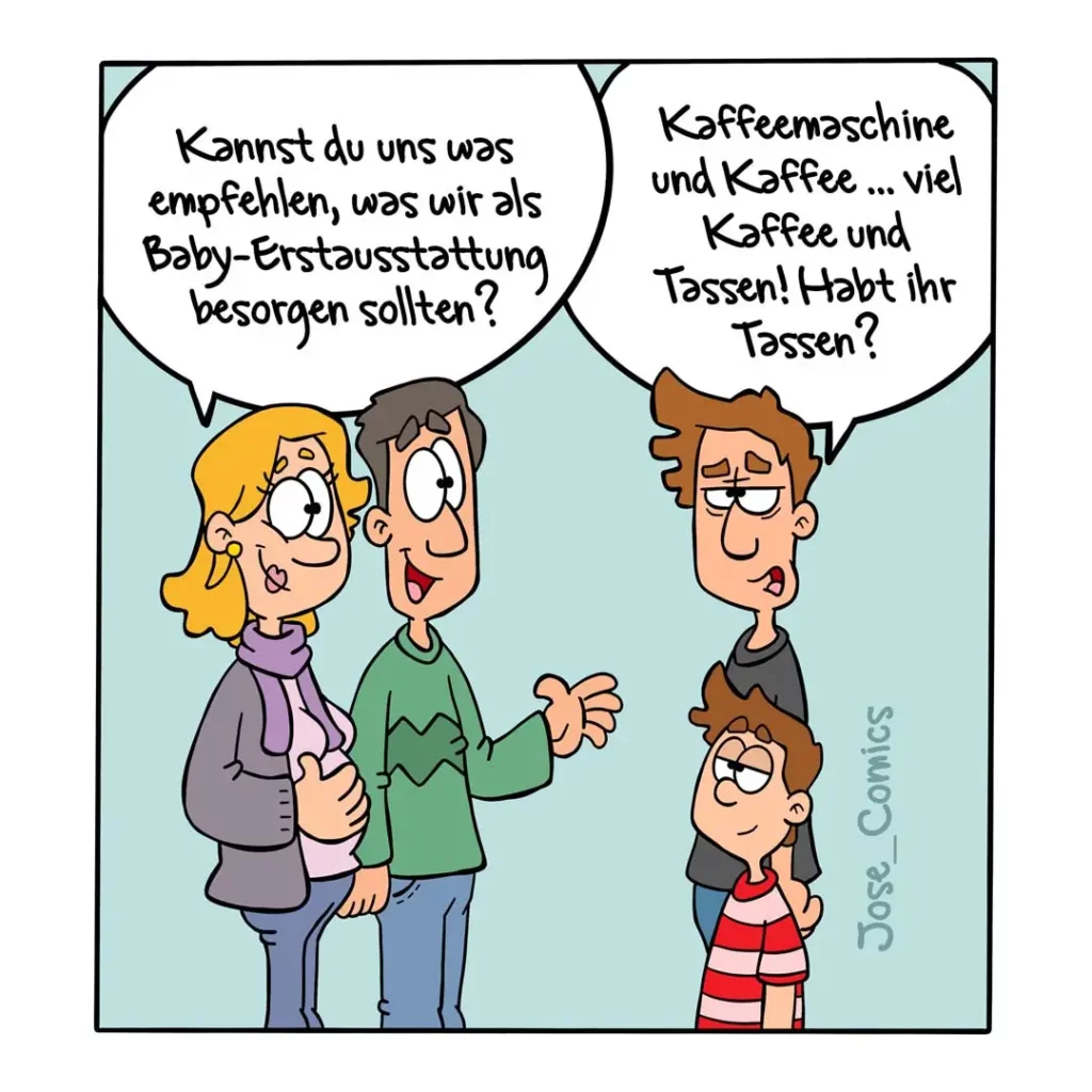 Schwangere Frau und Mann fragen einen Mann mit Kind nach Baby-Erstausstattung, Mann antwortet mit Kaffee und Tassen