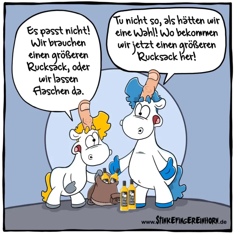 Zwei weisse Einhörner mit gelbem und blauem Horn diskutieren neben braunem Hund und Flaschen Stinkefingerliqueur