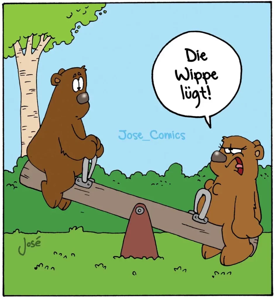 Zwei Bären auf einer Wippe: der eine oben triumphierend mit Spruch 'Die Wippe lügt!', der andere unten wütend
