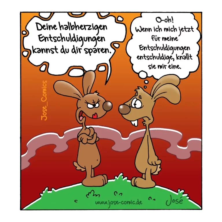 Zwei Hunde stehen sich gegenüber. Der linke Hund zeigt dem rechten einen Fingerzeig und sagt etwas. Der rechte Hund antwortet mit entschuldigendem Gesichtsausdruck.