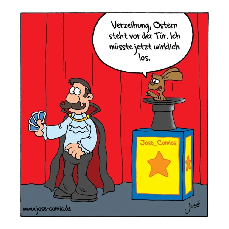 Zauberer in rotem Vorhang-Setting hält Spielkarten, Kaninchen sitzt in schwarzem Zylinder auf gelbem Podest und spricht