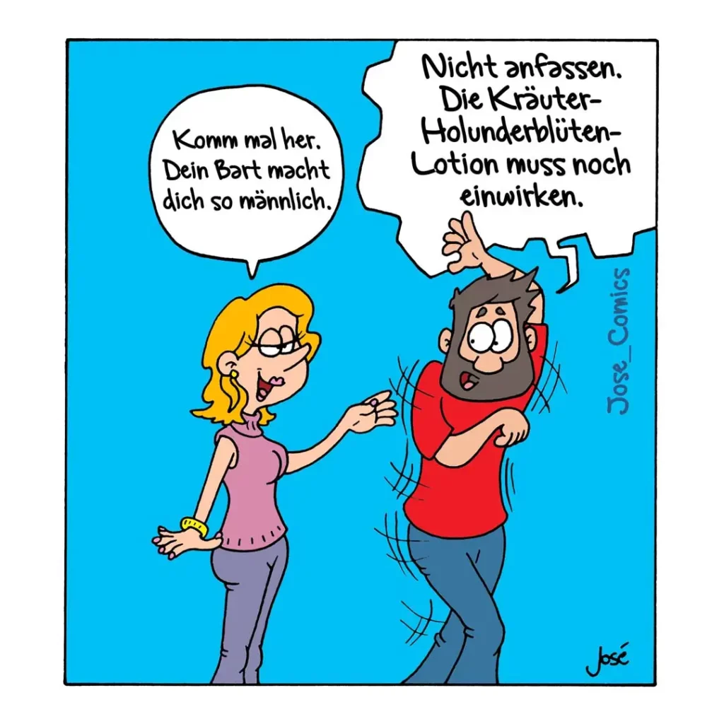 Frau mit blonden Haaren in rosa Top berührt Bartstoppeln eines bärtigen Mannes im roten Shirt, der unwillig wirkt