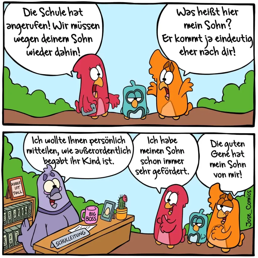 Zwei bunte Vogelfiguren bei Schulleiter in Büro: rote Vogelmutter beschwert sich über Sohn, orange Vogelvater verteidigt ihn stolz