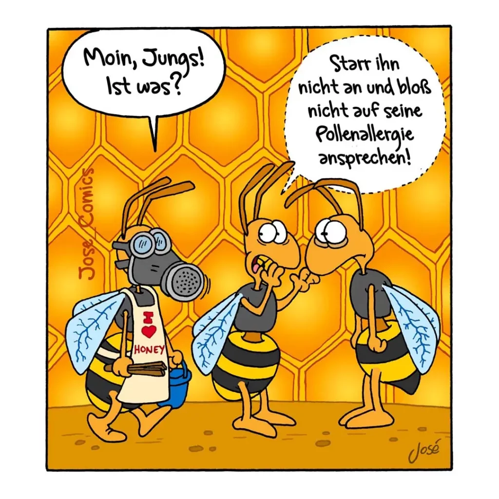 Drei Bienen in Wabenhintergrund: Eine trägt Gasmaske und Honigflasche, zwei andere schauen besorgt