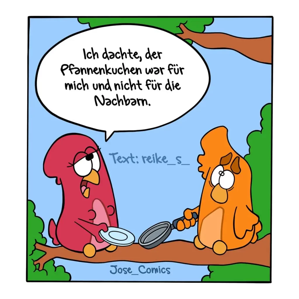 Zwei bunte Vögel sitzen sich auf einem Ast gegenüber, der rote Vogel hält eine leere Schüssel und spricht zum orangenen Vogel