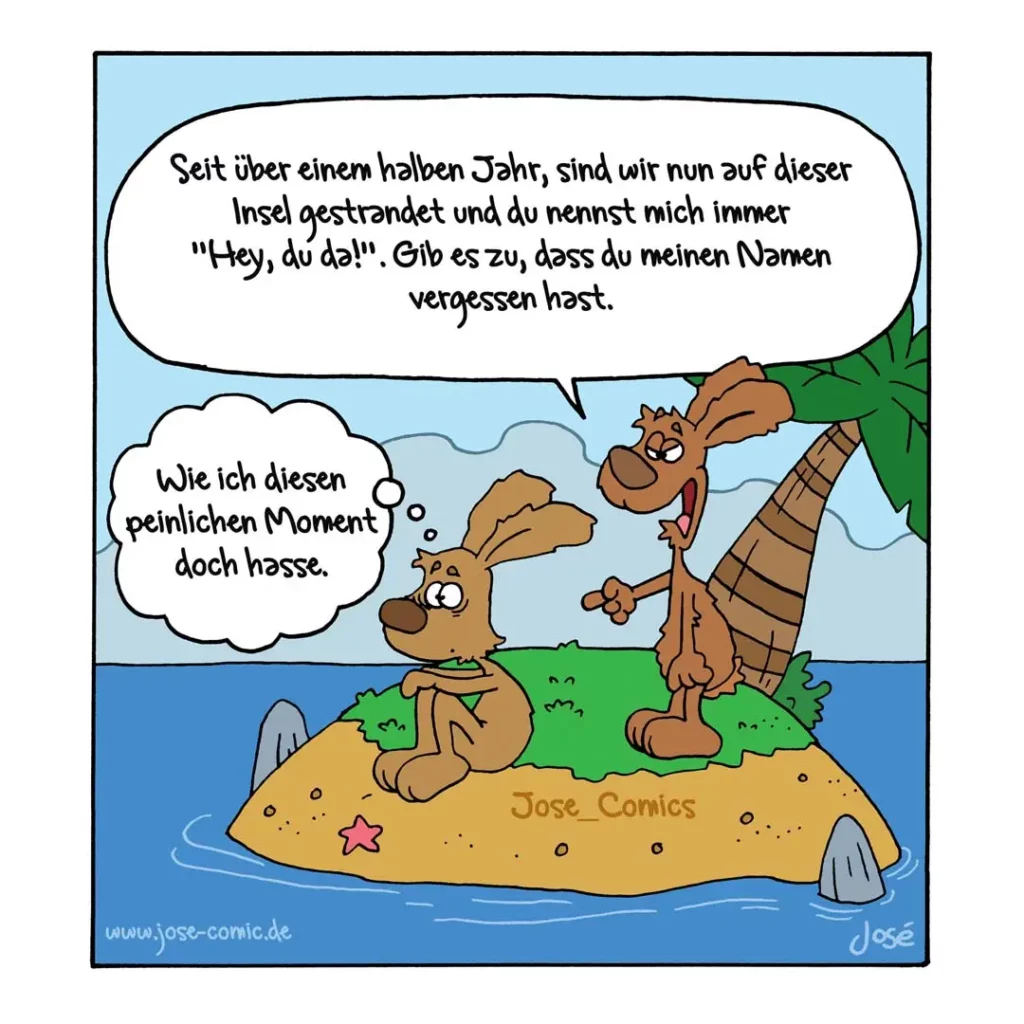 Zwei braune Kaninchen auf einer Insel: eines sitzt am Strand, das andere steht und gestikuliert beim Sprechen