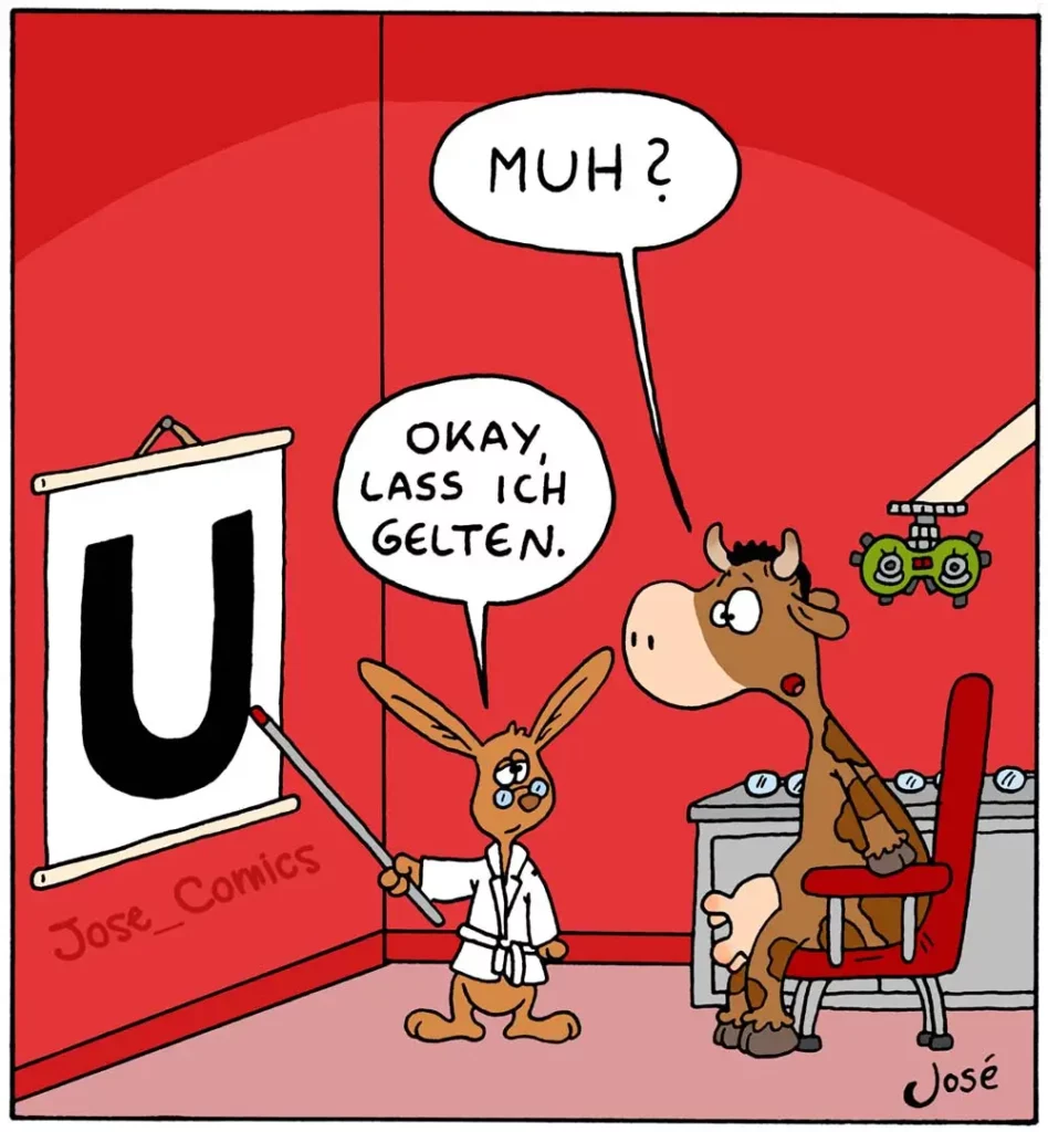 Karate-Hase in weisser Uniform fragt eine Kuh auf rotem Stuhl: «Muh?» Kuh antwortet: «Okay, lass ich gelten.» Im Hintergrund Traktor und Röntgenbild.