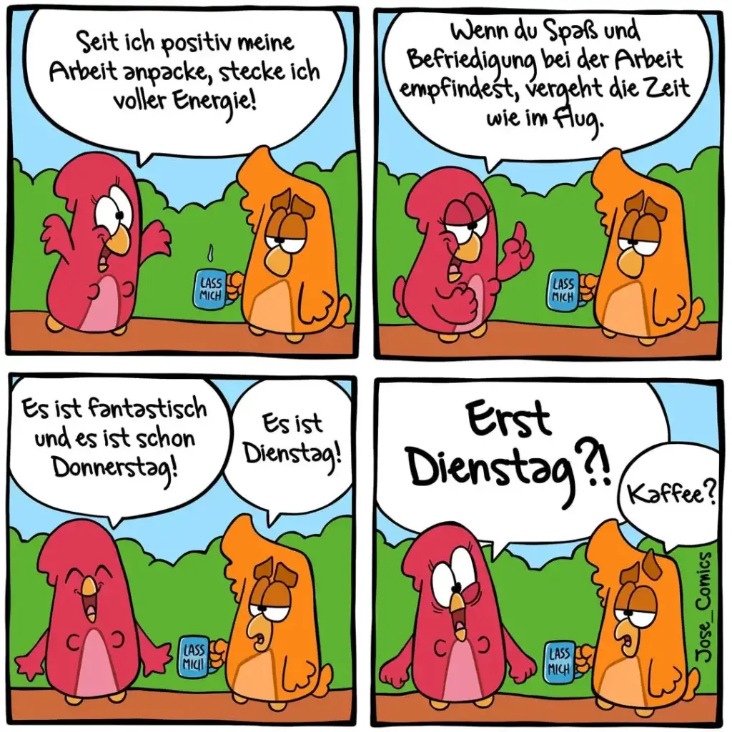 Zwei bunte Vögel sitzen sich gegenüber mit Kaffeetassen. Linker Vogel zeigt Energie, rechter Vogel wirkt erschöpft und genervt.