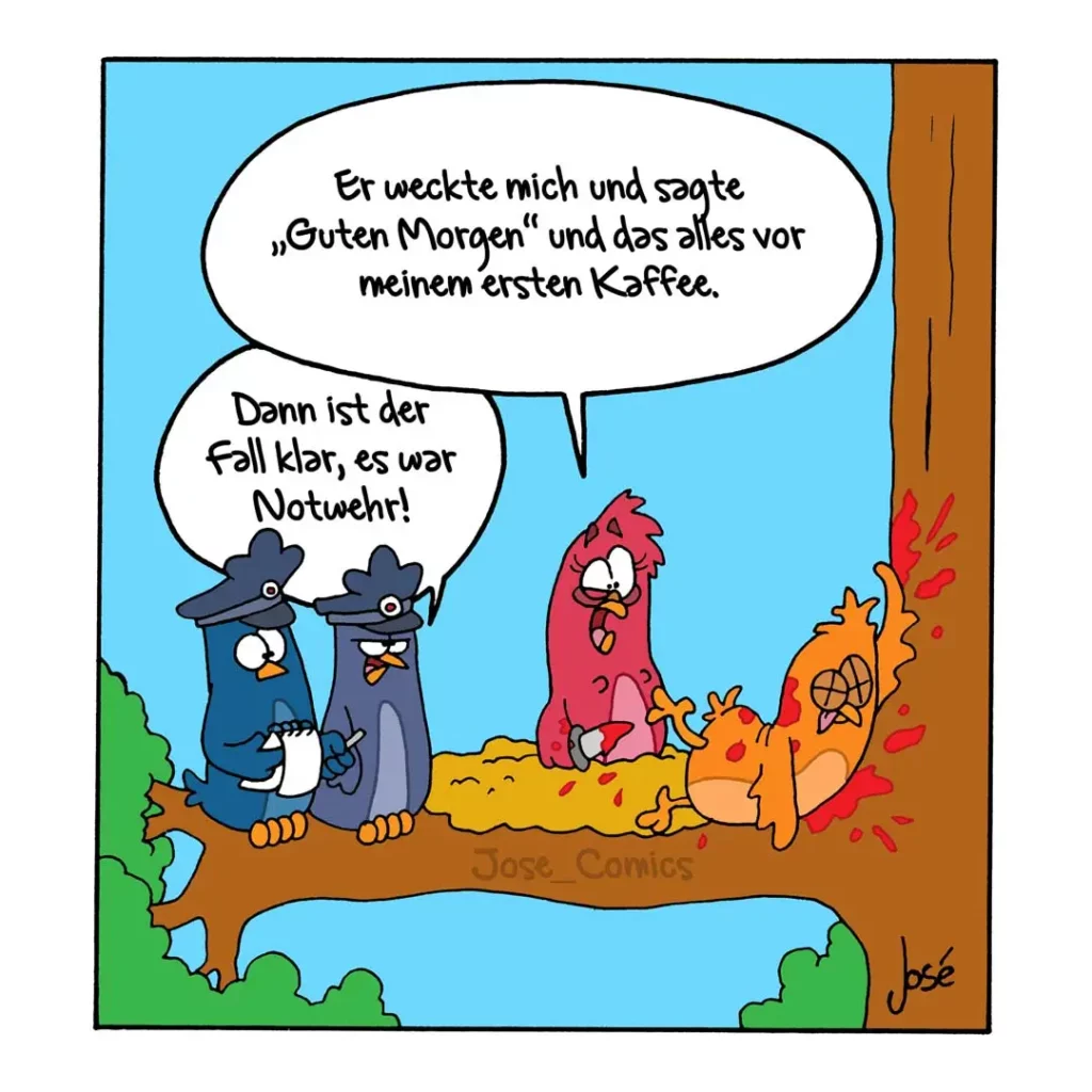 Zwei blaue Vögel sagen «Guten Morgen» zu einem roten und orangem Vogel, der in Flammen steht