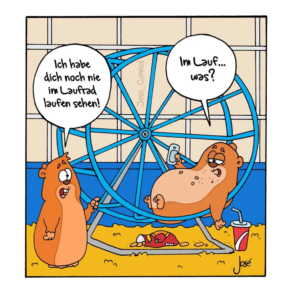 Zwei Dachshunde am Strand: einer sitzt stolz neben einem Laufrad-Fahrrad, der andere liegt entspannt darin und fragt "Im Lauf... was?"