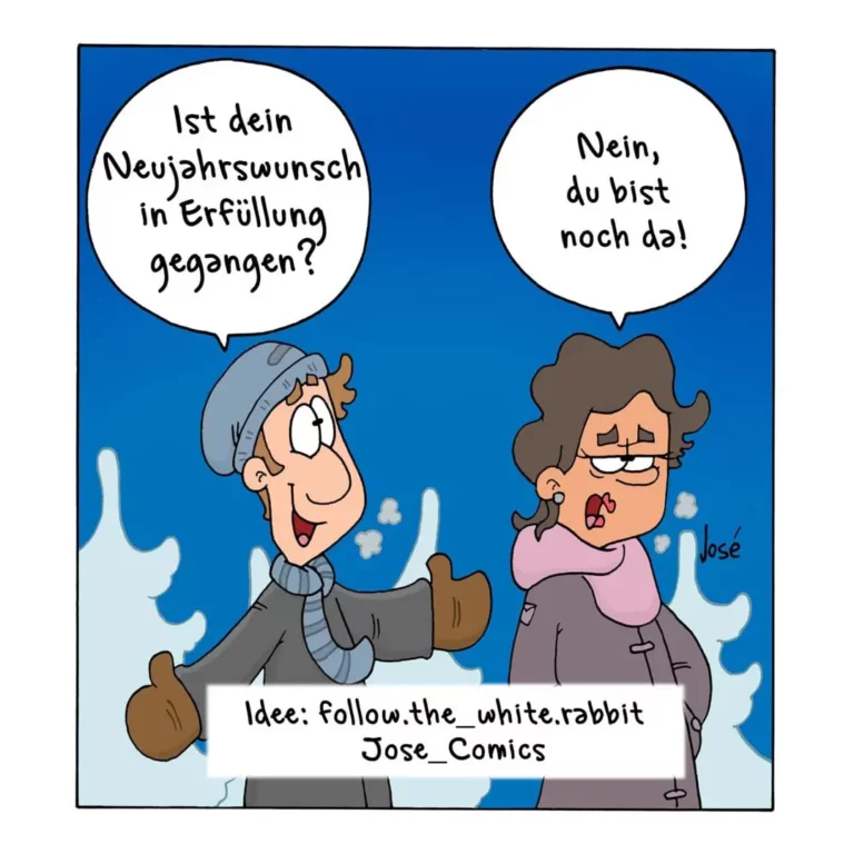 Zwei Personen im Schnee: Mann fragt optimistisch, Frau antwortet gereizt