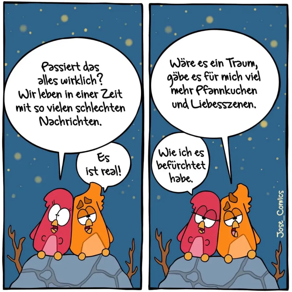 Zwei bunte Vögel sitzen nachts auf einem Stein unter Sternen. Links fragt der rote Vogel besorgt, rechts antwortet der orange Vogel beruhigend.