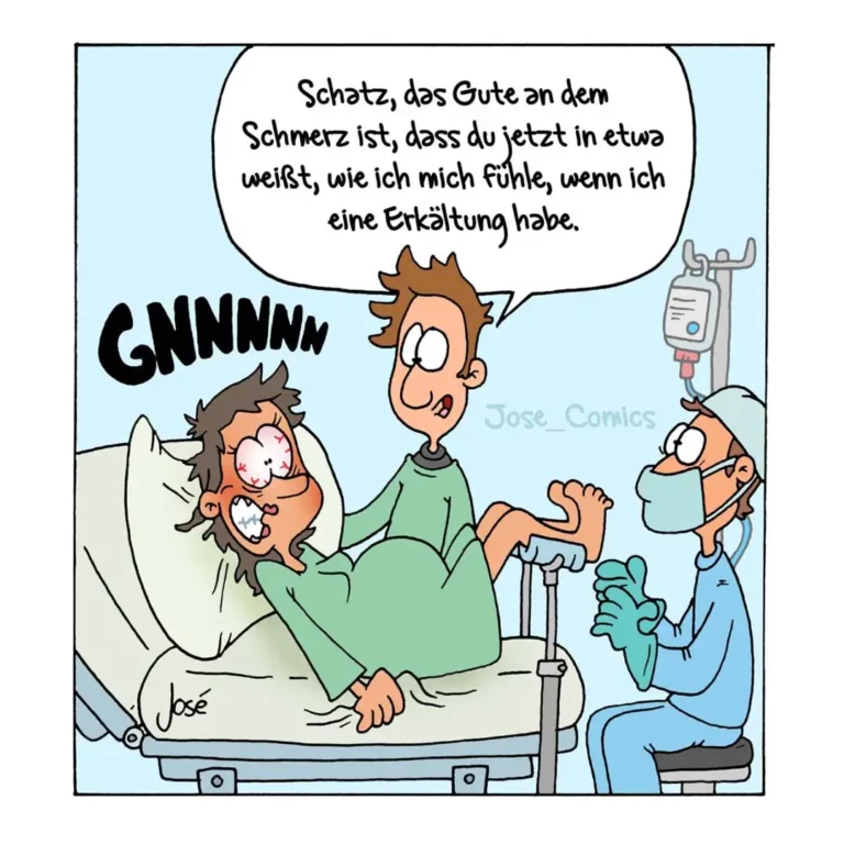 Patient im Krankenhaus mit Infusionen und Verbänden spricht zu Arzt: «Das Gute am Schmerz ist, dass du jetzt weisst, wie ich mich fühle»