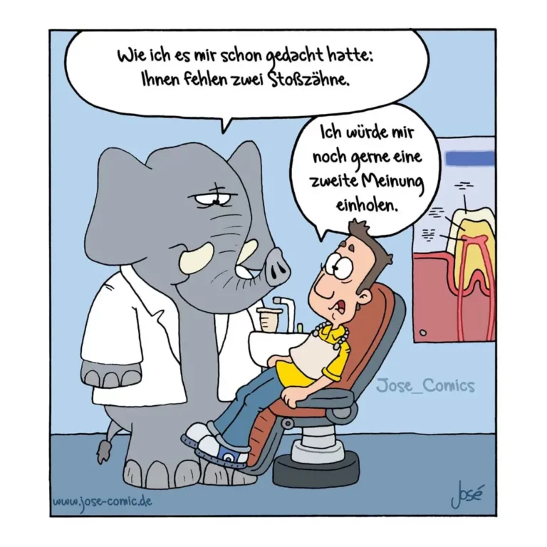 Elefant im Zahnarztkittel sitzt vor Patient im Behandlungsstuhl, zeigt auf fehlende Stoßzähne und erklärt dem überraschten Mann etwas
