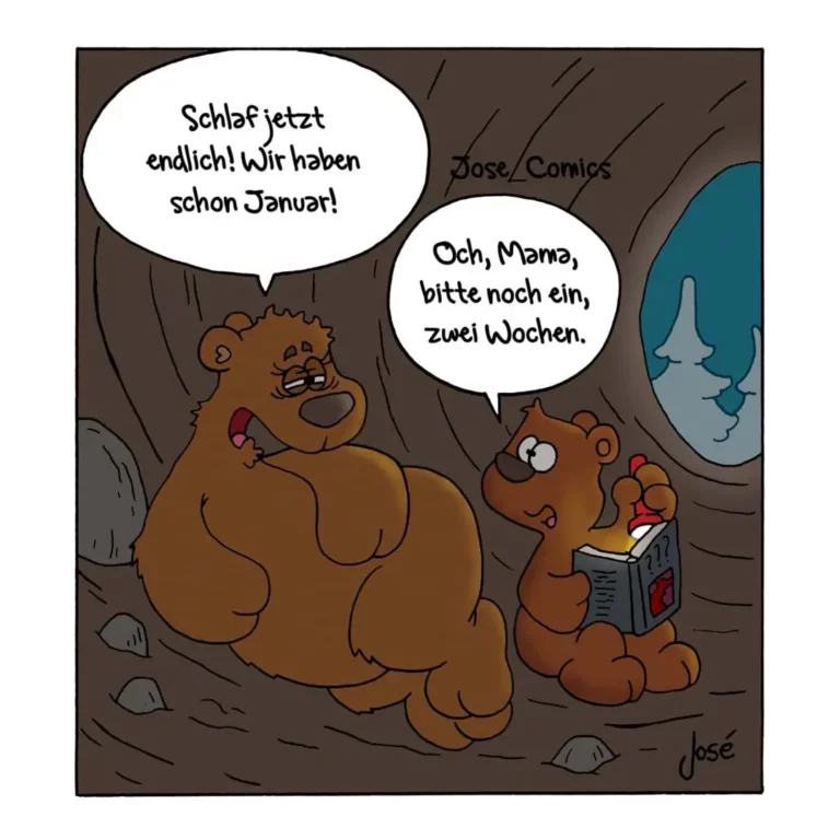 Bär liegt im Winterschlaf, kleiner Bär sitzt daneben mit Buch und sagt «Noch zwei Wochen, Mama»