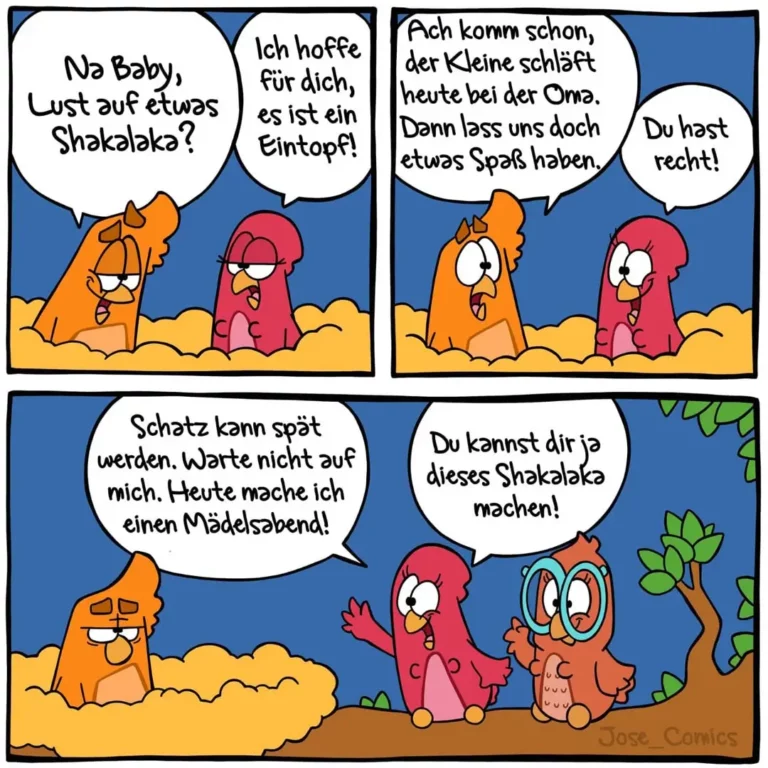 Zwei bunte Vogelfiguren sitzen im Sand. Der orange Vogel schlägt vor, Shakabaka zu spielen. Der rote Vogel stimmt zu und erwähnt die Oma. Im dritten Panel ruft der orange Vogel einen Mädelsabend aus.