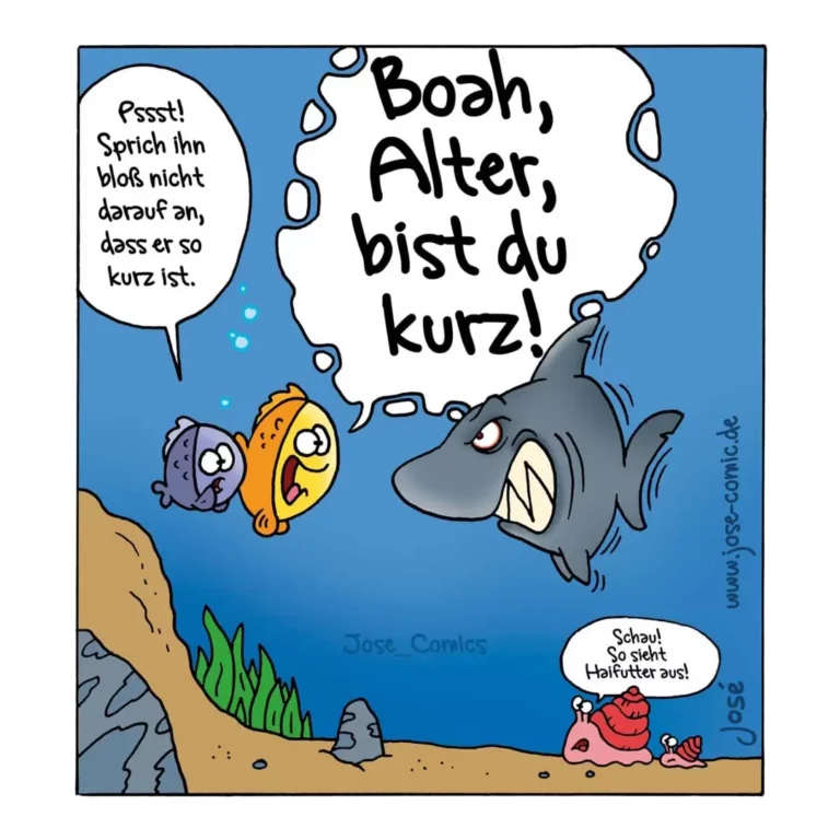 Hai mit offenen Zähnen spricht zu zwei kleinen Fischen unter Wasser. Am Meeresboden sitzt eine Schnecke und schaut zu.