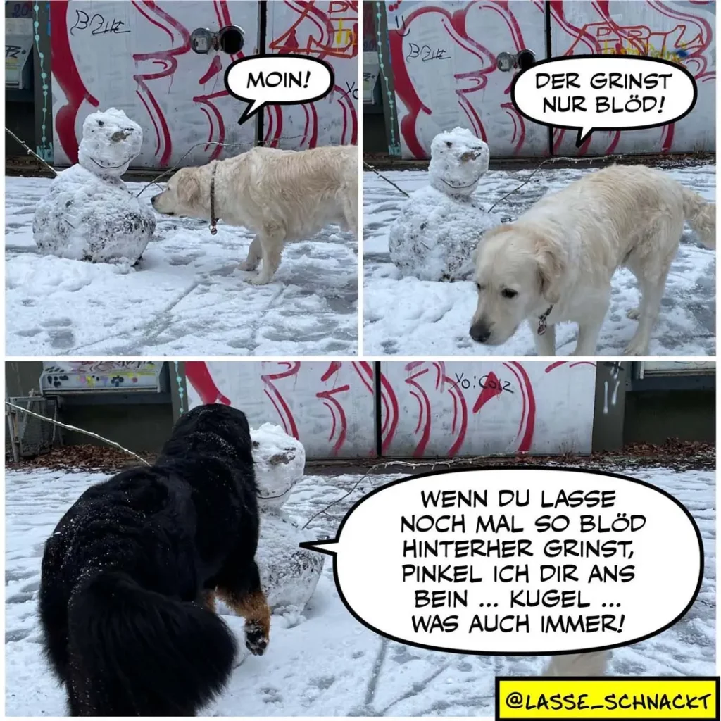 Weisser Hund beschnuppert Schneemann, schwarzer Hund pinkelt daneben an — Sprechblasen auf Deutsch
