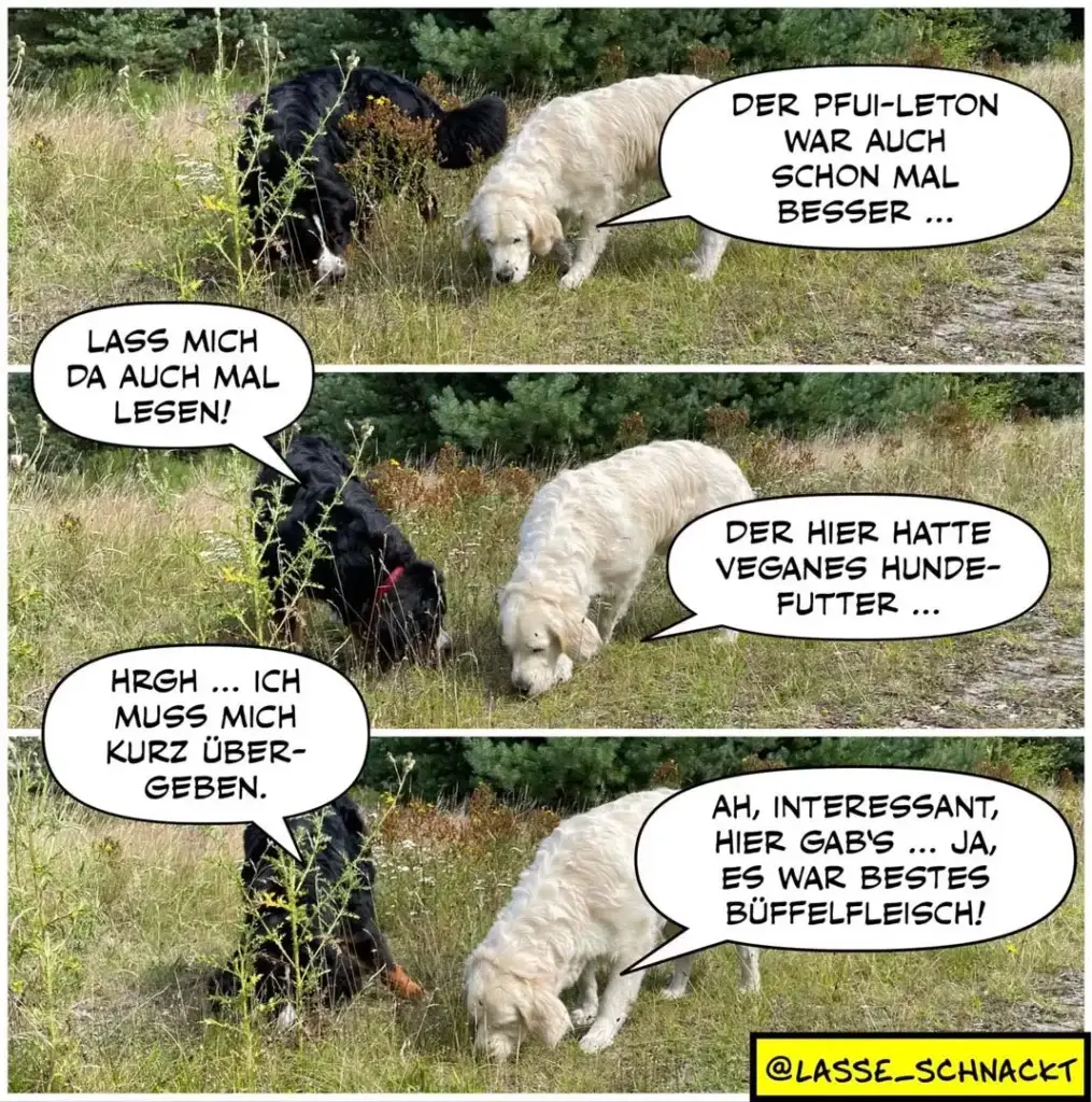 Zwei Hunde beim Spaziergang: schwarzer Hund liest Futterpackung, weisser Hund schaut zu, Dialog über Pfui-Leton und veganes Hundefutter