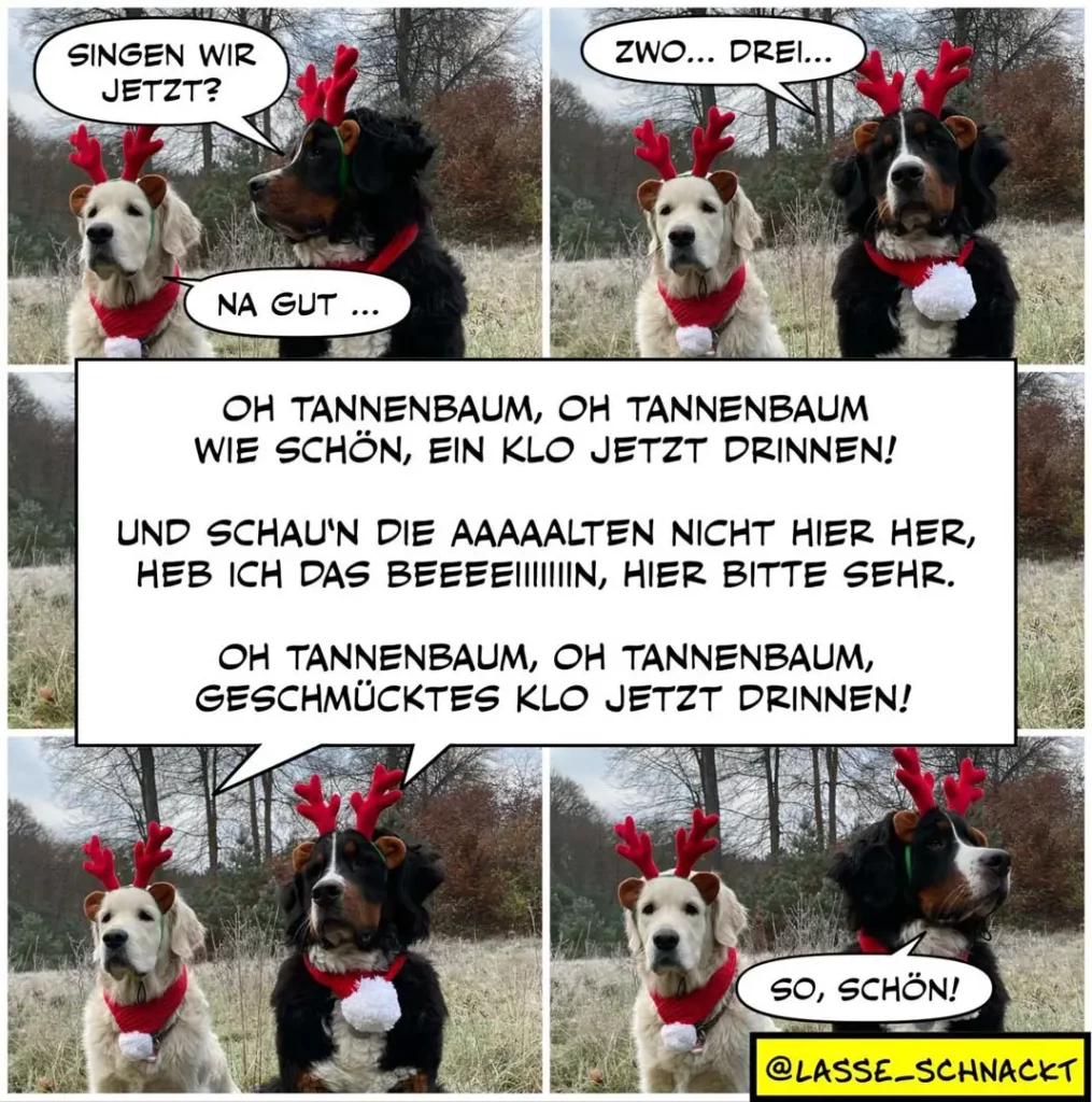 Zwei Hunde mit Rentiergeweih und Weihnachtsschmuck singen gemeinsam Weihnachtslieder in verschneiter Landschaft
